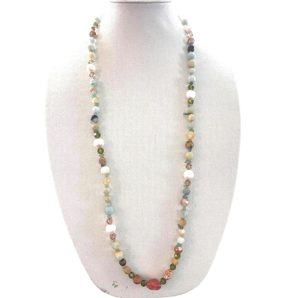 Handmade Gemstone & Freshwater Pearl Beaded Necklace Silver Clasp 36"